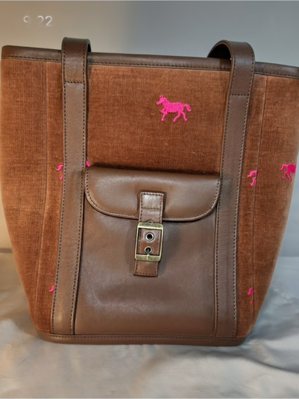 Lilly Pulitzer Brown Velvet & Leather Tote with Pink Pony Embroidery